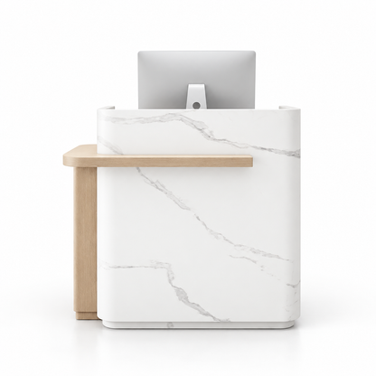 Layered Curved Reception Counter with Wood-Look Ledge and Storage — White Marble-Look + Natural Wood