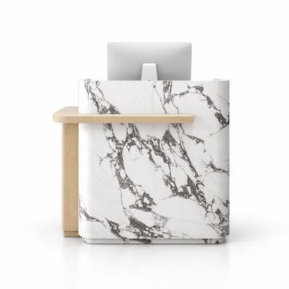 Layered Curved Reception Counter with Wood-Look Ledge and Storage — Bulgari Stone-Look + Natural Wood