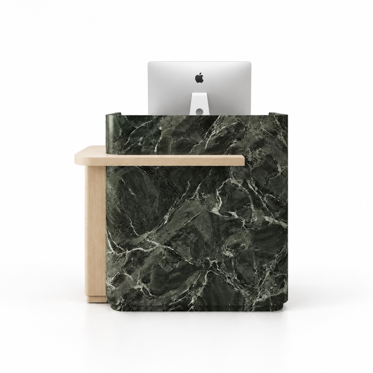 Layered Curved Reception Counter with Wood-Look Ledge and Storage — Emerald Green + Natural Wood