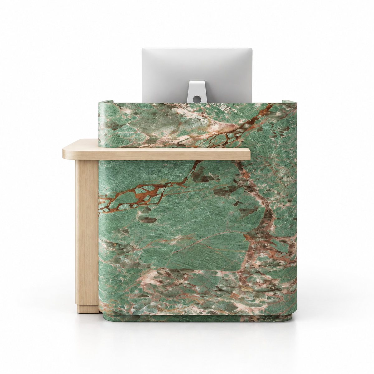 Layered Curved Reception Counter with Wood-Look Ledge and Storage — Royal Green + Natural Wood