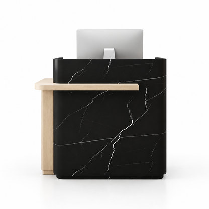 Layered Curved Reception Counter with Wood-Look Ledge and Storage — Black Stone-Look + Natural Wood