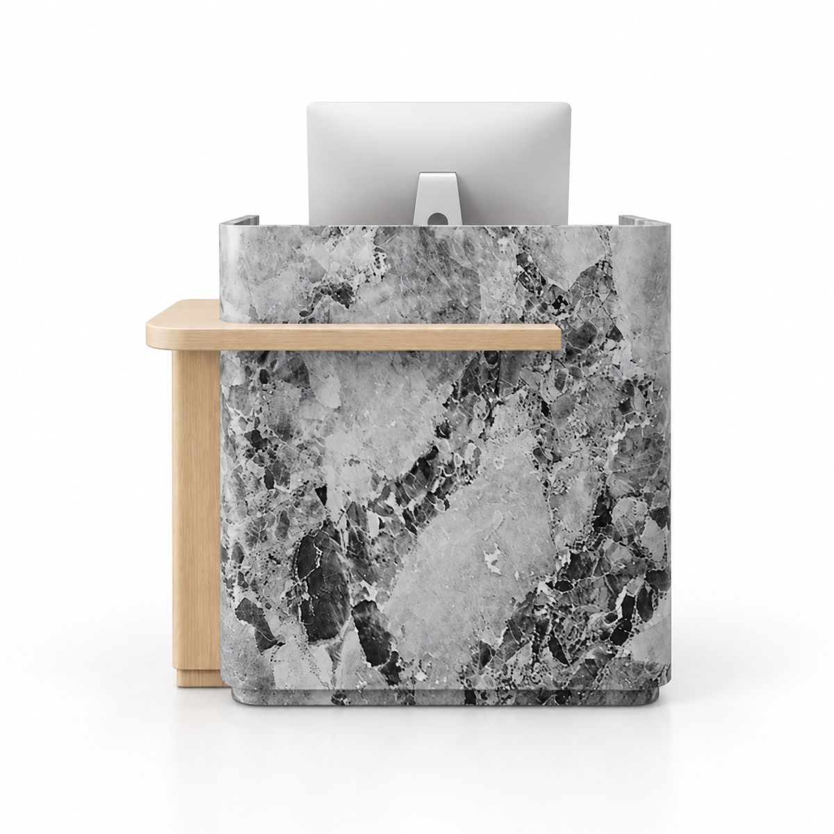 Layered Curved Reception Counter with Wood-Look Ledge and Storage — Snowflake Grey + Natural Wood