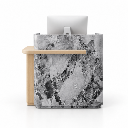 Layered Curved Reception Counter with Wood-Look Ledge and Storage — Snowflake Grey + Natural Wood