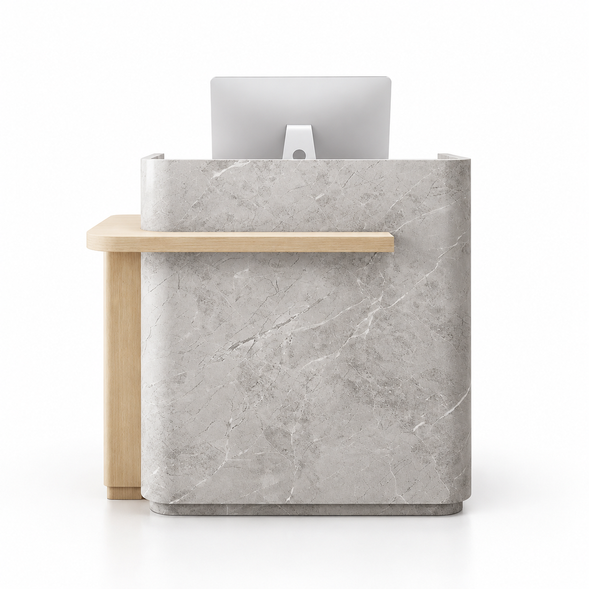 Layered Curved Reception Counter with Wood-Look Ledge and Storage — Grey Stone-Look + Natural Wood