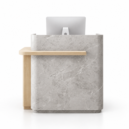 Layered Curved Reception Counter with Wood-Look Ledge and Storage — Grey Stone-Look + Natural Wood