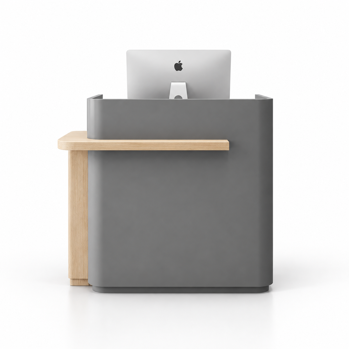 Layered Curved Reception Counter with Wood-Look Ledge and Storage — Grey + Natural Wood