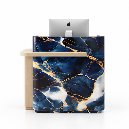 Layered Curved Reception Counter with Wood-Look Ledge and Storage — Blue Gold Vein + Natural Wood
