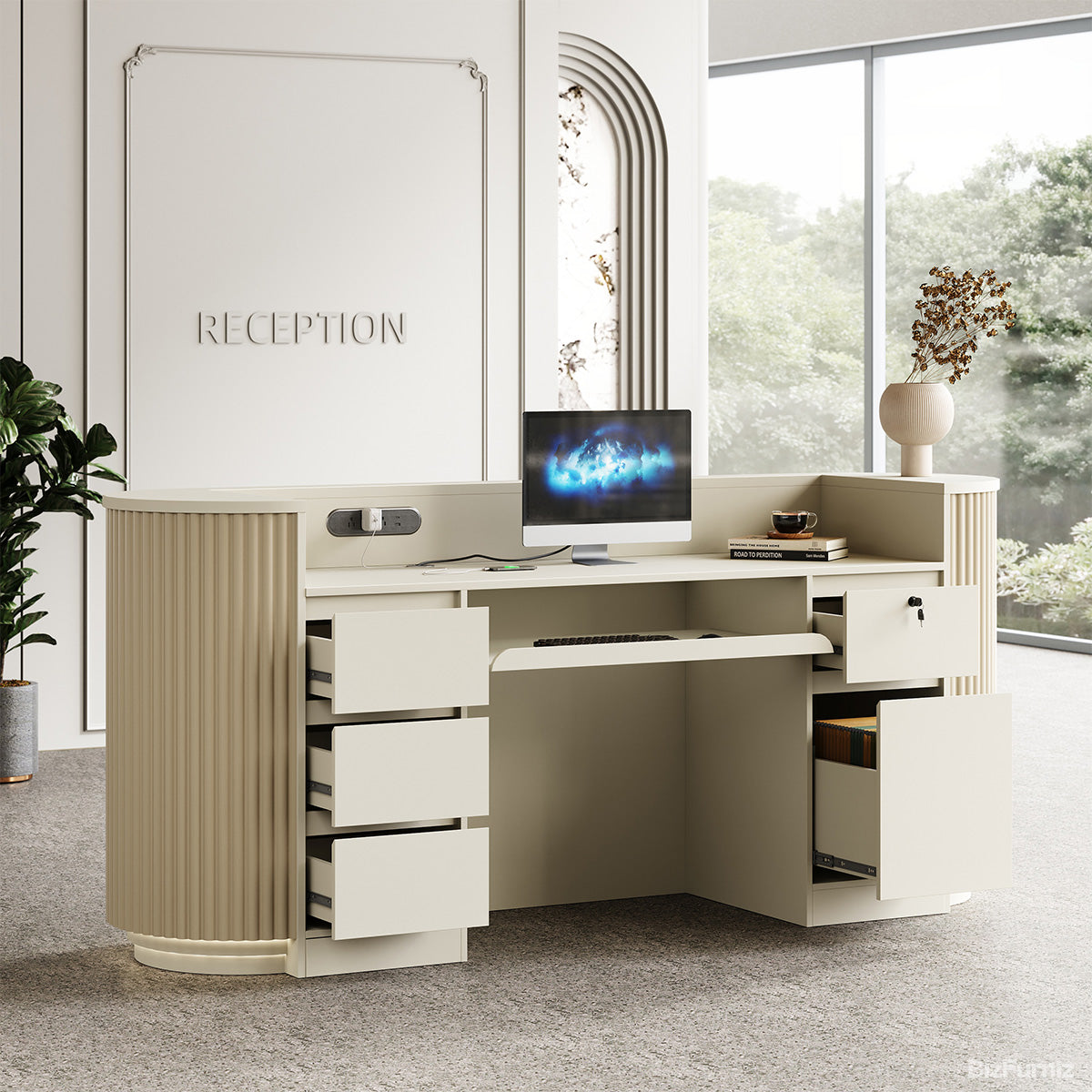 221cm(L)Reception Desk with Warm LED Lighting, Cable Box & Lockable Cabinet for Offices, Hotels & Salons product photo 8