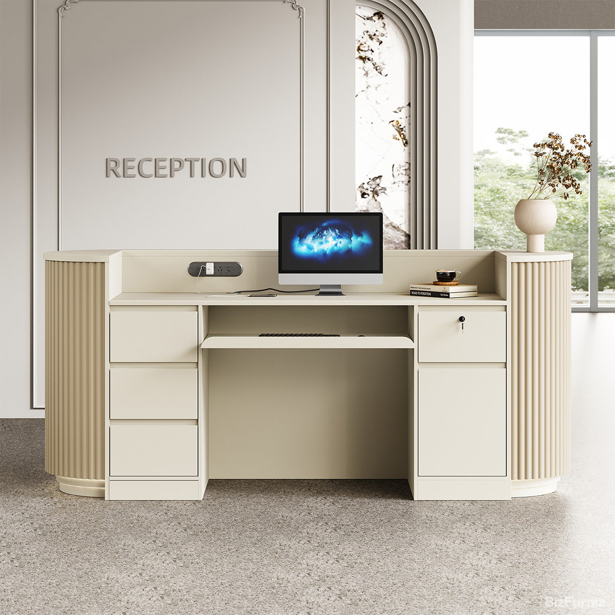 221cm(L)Reception Desk with Warm LED Lighting, Cable Box & Lockable Cabinet for Offices, Hotels & Salons product photo 2