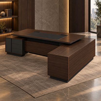 Dark walnut L-shaped executive desk side scene view