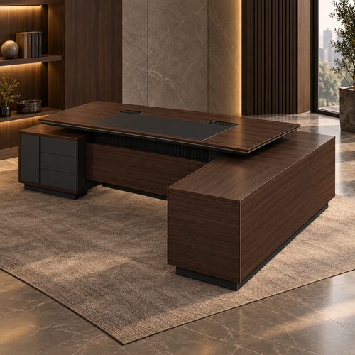 Dark walnut L-shaped executive desk side scene view