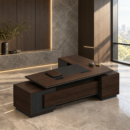 Dark walnut L-shaped executive desk front scene view