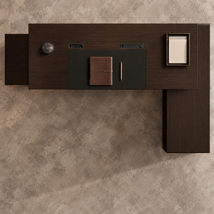 Dark walnut L-shaped executive desk overhead scene view