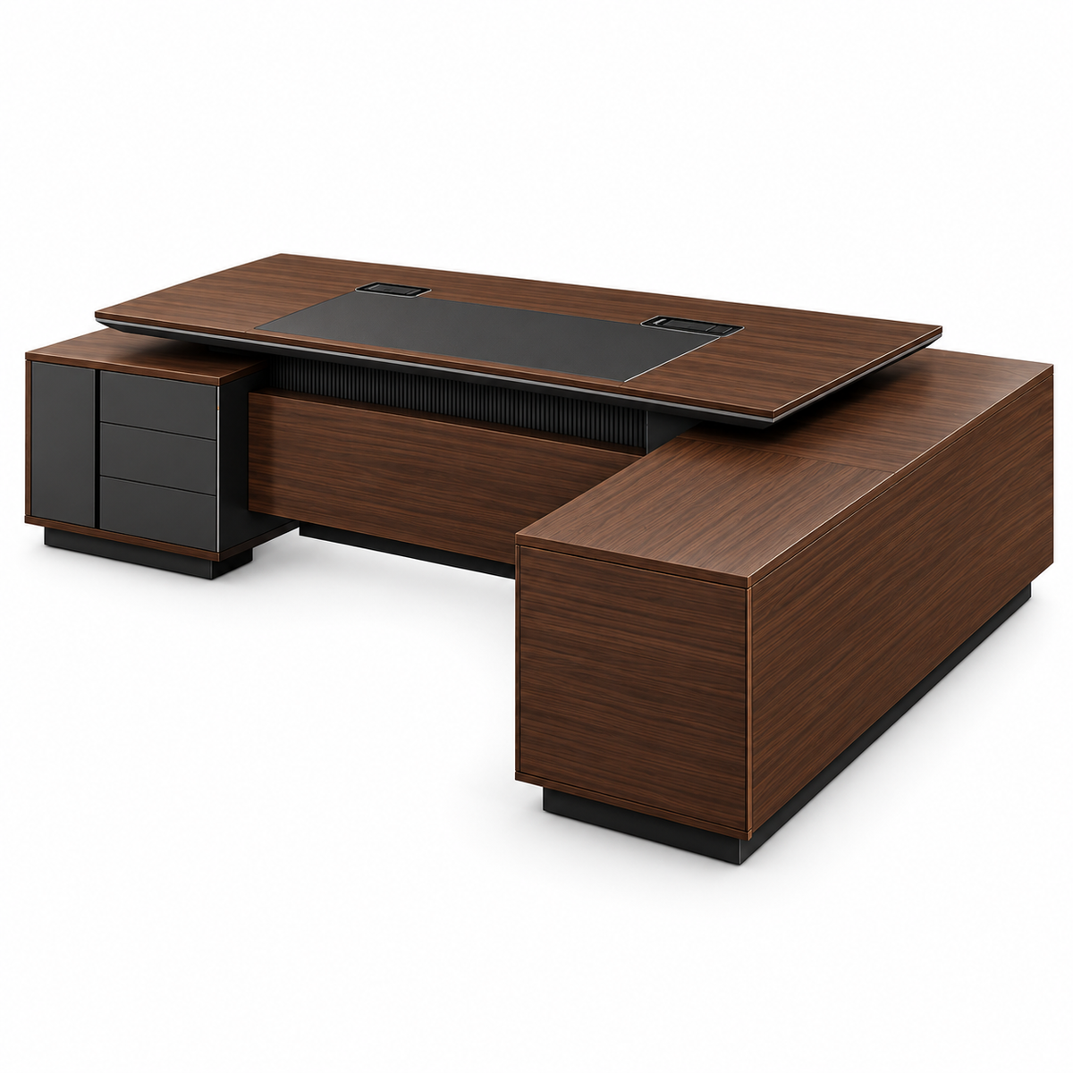 Dark walnut L-shaped executive desk side view on white