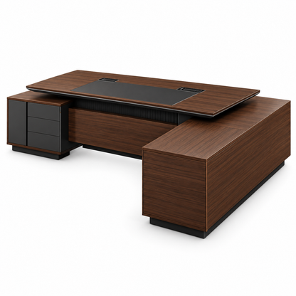 Dark walnut L-shaped executive desk side view on white