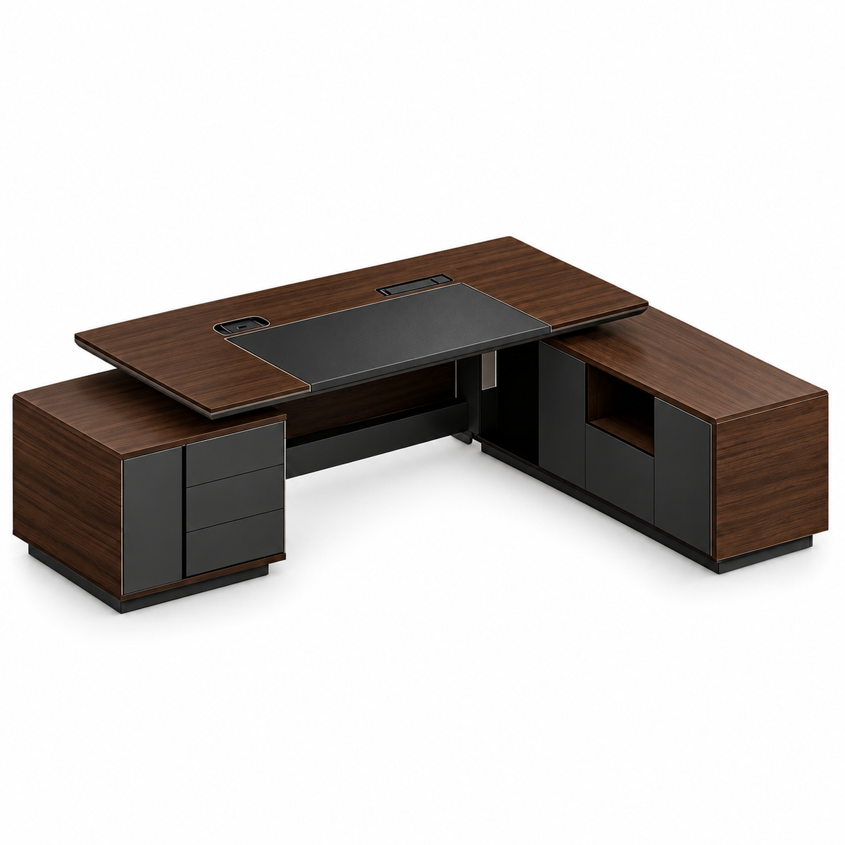 Dark walnut L-shaped executive desk rear view on white