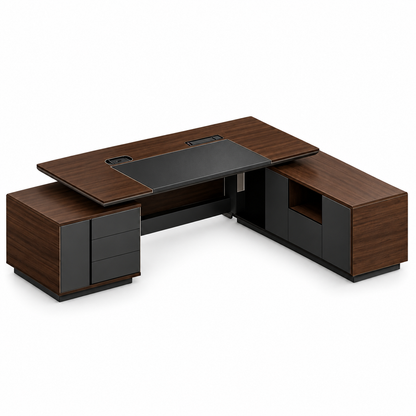 Dark walnut L-shaped executive desk rear view on white