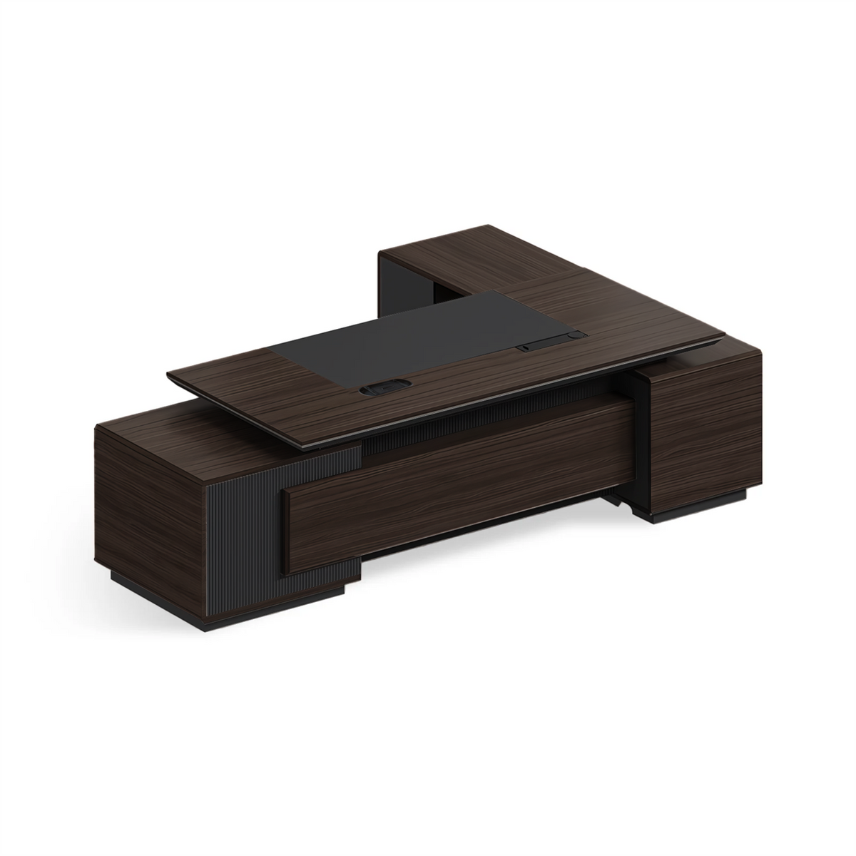 Dark walnut L-shaped executive desk front view on white