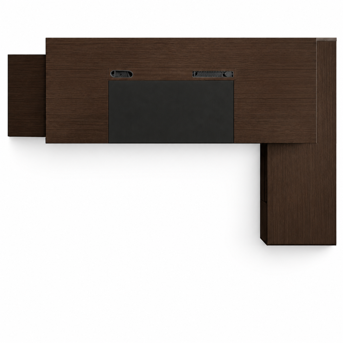 Dark walnut L-shaped executive desk overhead view on white