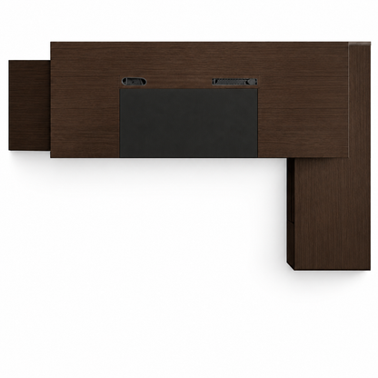 Dark walnut L-shaped executive desk overhead view on white