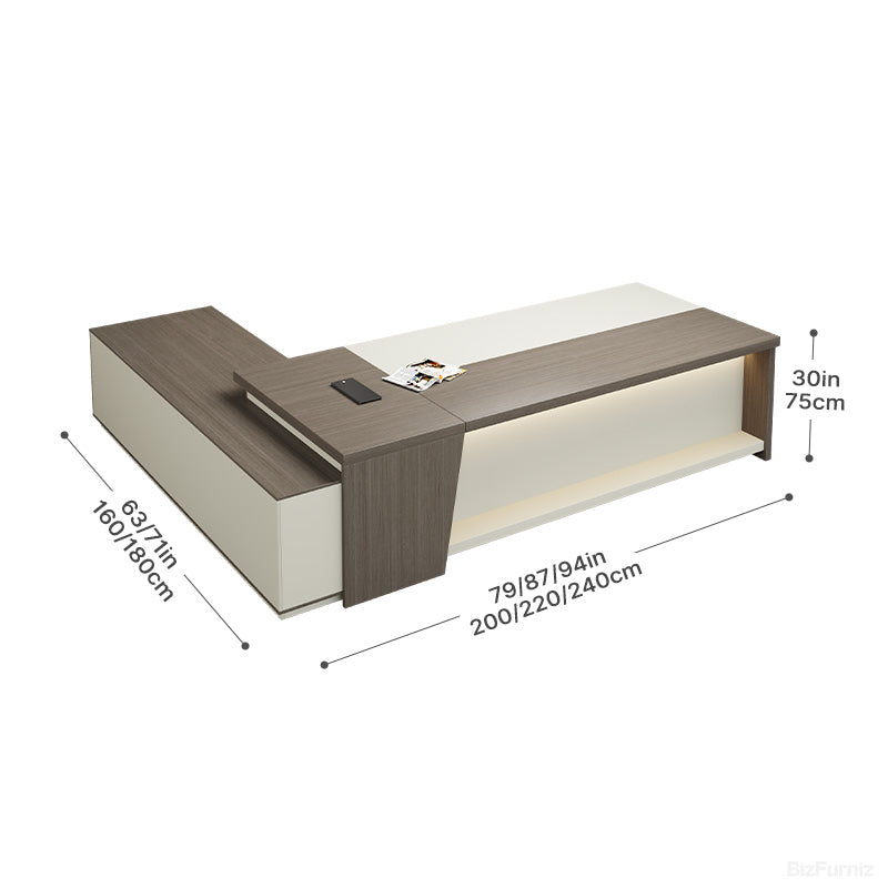 L-shaped Executive Desk with Power Hub, Side Cabinet & Lockable Drawer (200cm/220cm/240cm) (Made to Order)