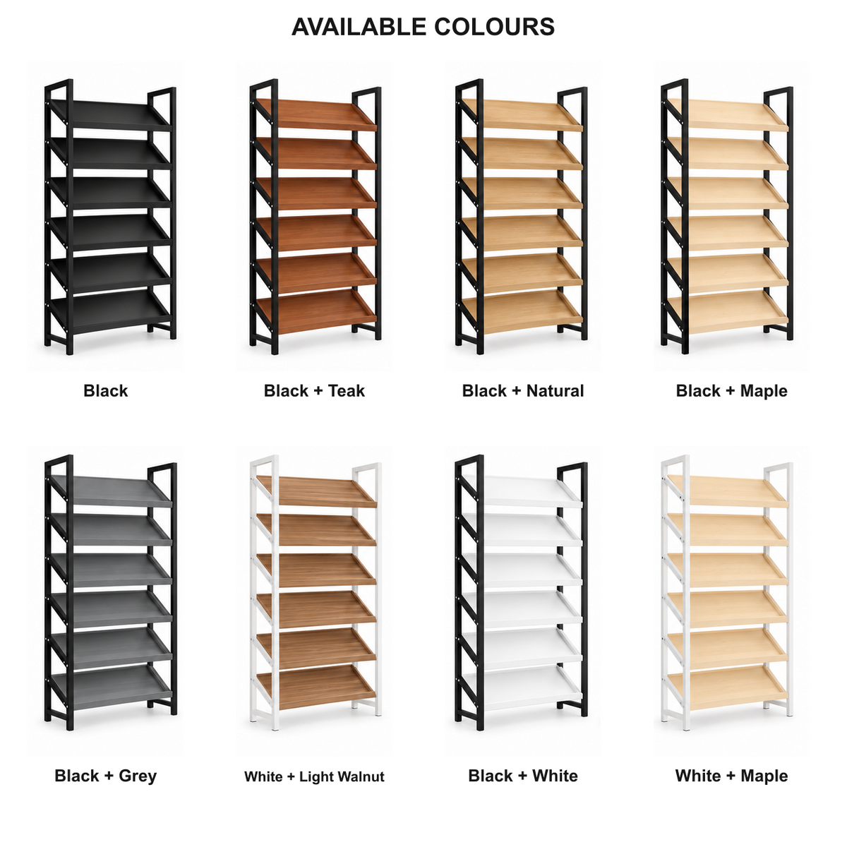 Eight Coordinated Frame and Shelf Finishes