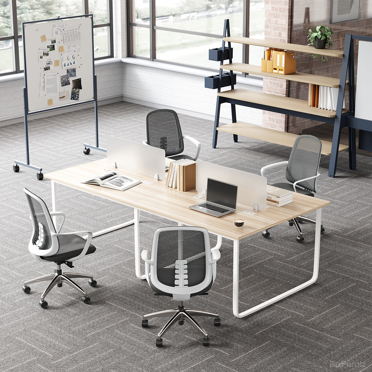 Minimalist Collaborative Office Desk, 4-Person Workstation with Integrated Privacy Screens for modern office workspace