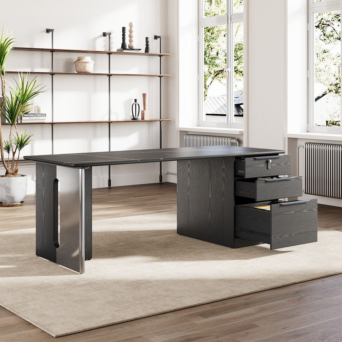 160cm Sintered Stone Office Desk with Reversible Pedestal and Lockable Drawer product view 4