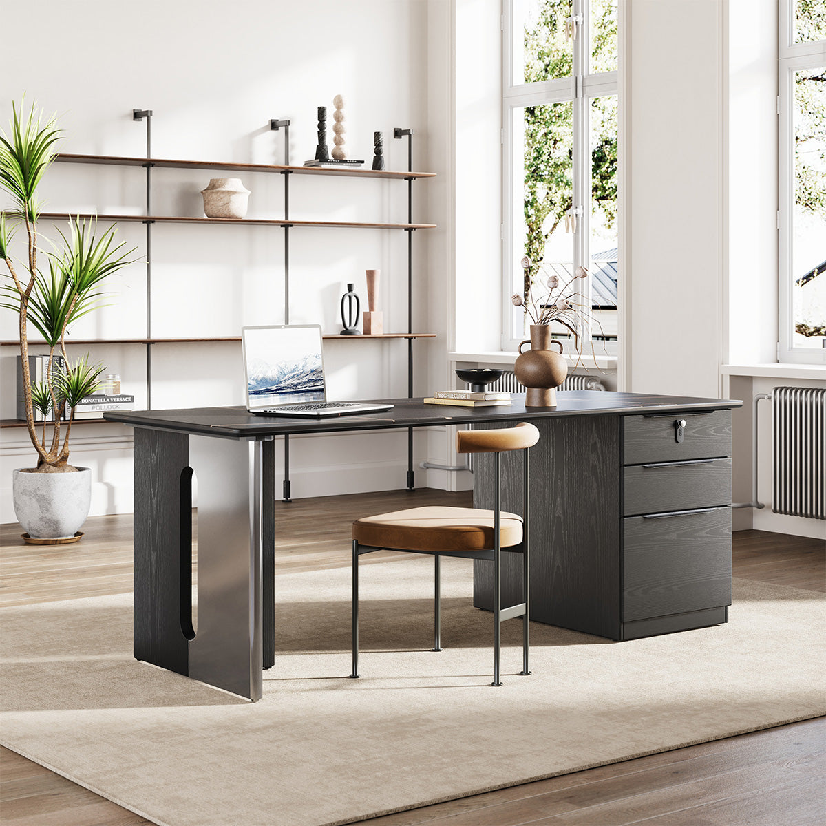 160cm Sintered Stone Office Desk with Reversible Pedestal and Lockable Drawer for modern office workspace