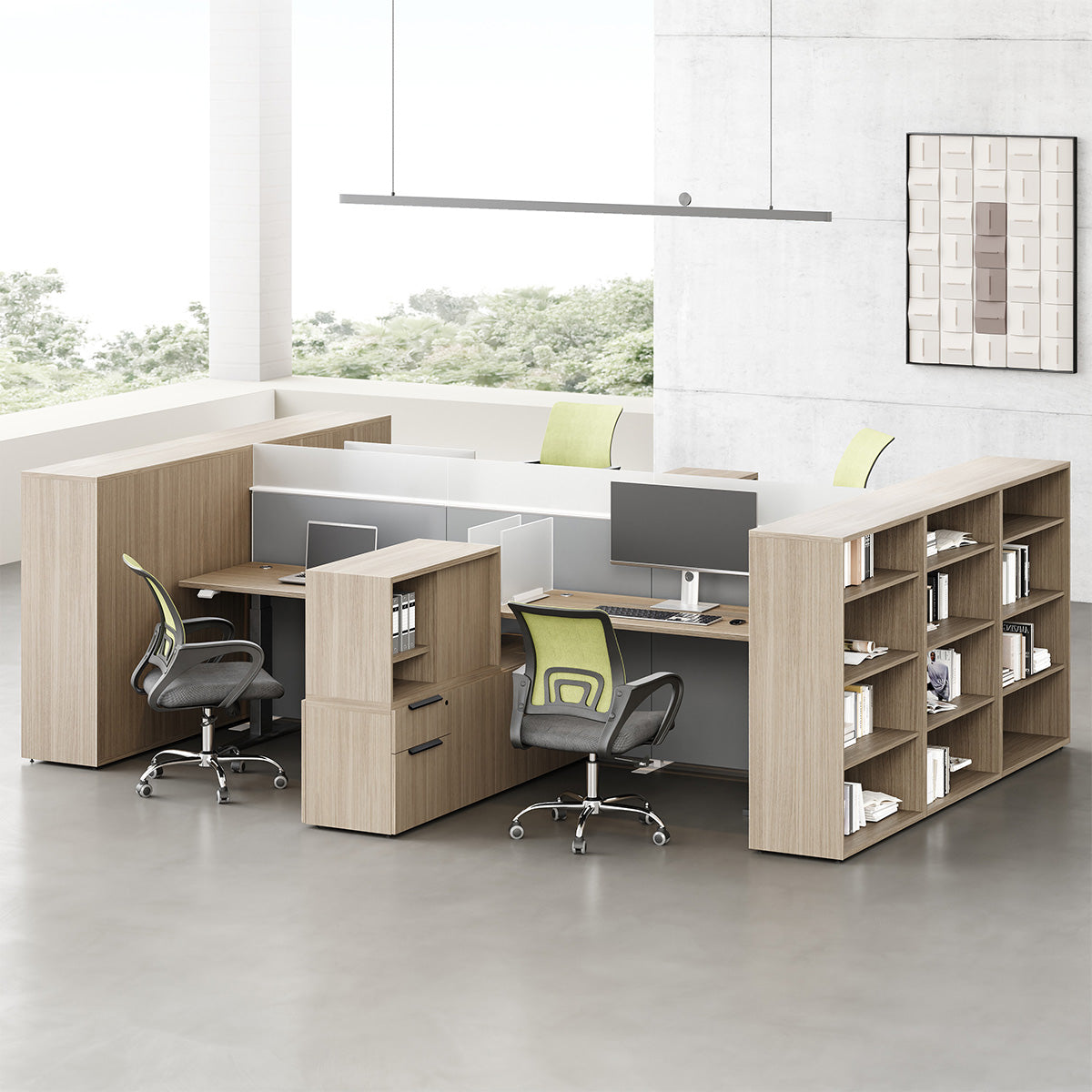 6-person Sit-stand Workstation with Integrated Open Shelving, Privacy Screens and 76cm-120cm for modern office workspace