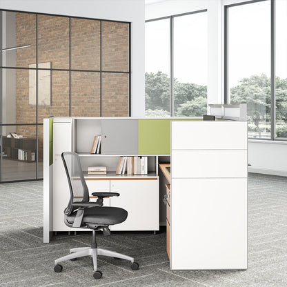 Executive L-Shaped Cubicle Office Desk with Overhead Storage, Integrated Bookcase, and Secure Mobile Filing product view 4