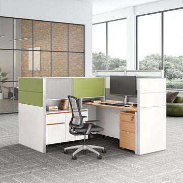 Executive L-Shaped Cubicle Office Desk with Overhead Storage, Integrated Bookcase, and Secure Mobile Filing product view 2