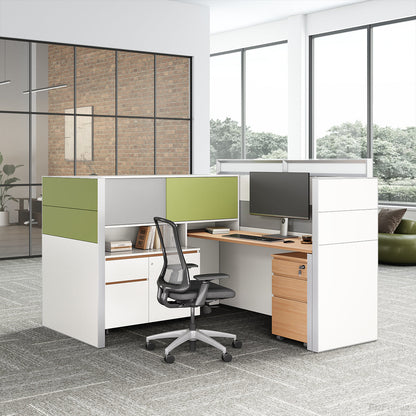 Executive L-Shaped Cubicle Office Desk with Overhead Storage, Integrated Bookcase, and Secure Mobile Filing product view 2