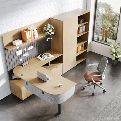 Top-down View of Natural Wood Office Workstation with Bookshelf