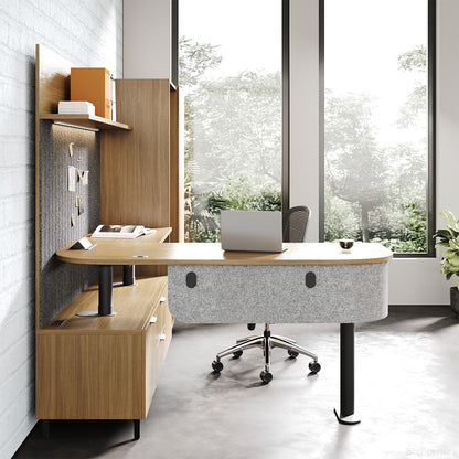 Side View of Modern Office Desk with Felt Panel and Wood Finish