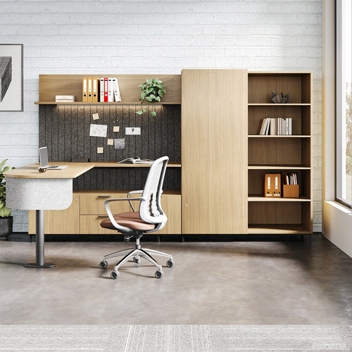 Wooden Office Desk with Open Shelving Cabinet and Chair