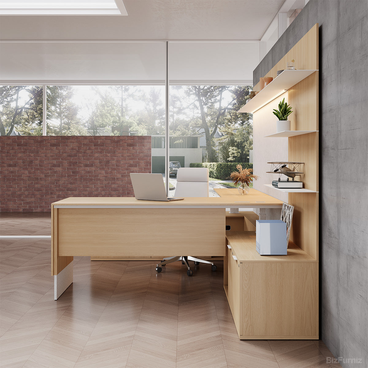 340cm(L) Elegant Office Desk with Height-adjustable Design and Open Storage Cabinet for Modern Workspaces product view 5