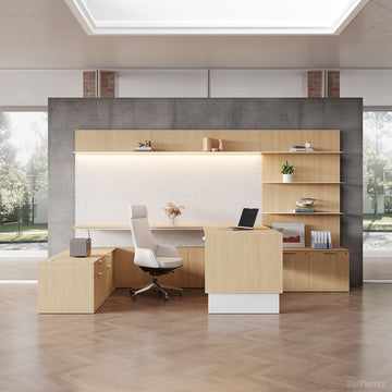 340cm(L) Elegant Office Desk with Height-adjustable Design and Open Storage Cabinet for Modern for modern office workspace