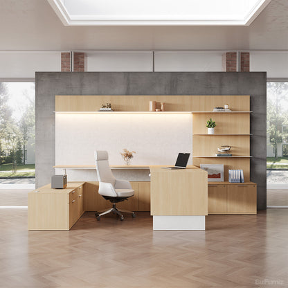 340cm(L) Elegant Office Desk with Height-adjustable Design and Open Storage Cabinet for Modern for modern office workspace