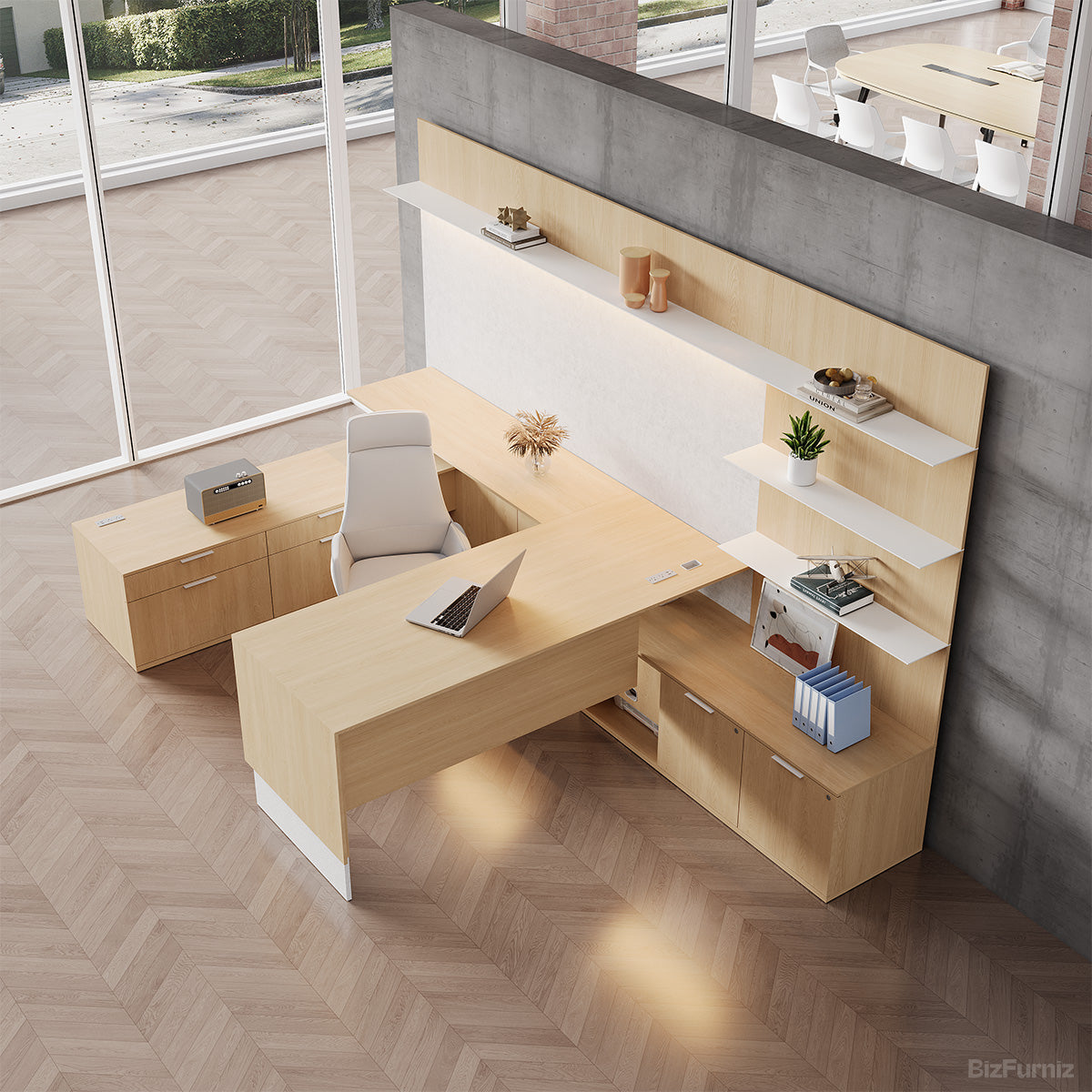 340cm(L) Elegant Office Desk with Height-adjustable Design and Open Storage Cabinet for Modern Workspaces product view 3