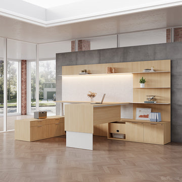 340cm(L) Elegant Office Desk with Height-adjustable Design and Open Storage Cabinet for Modern Workspaces product view 2