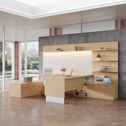 340cm(L) Elegant Office Desk with Height-adjustable Design and Open Storage Cabinet for Modern Workspaces product view 4