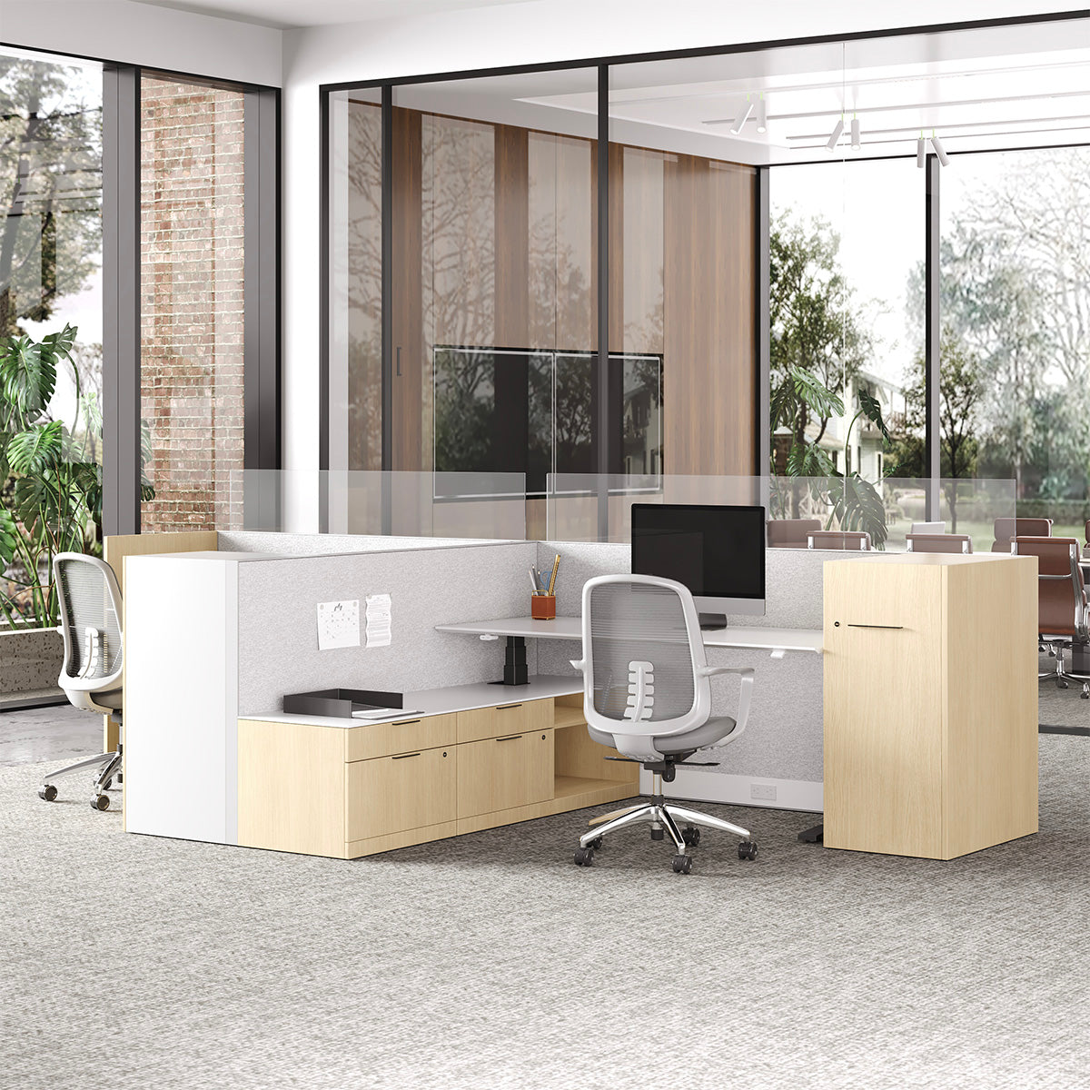 435cm Sit Stand Desk, L-shaped Office Workstation for Two with Partition Boards and Storage Cabinet product view 2