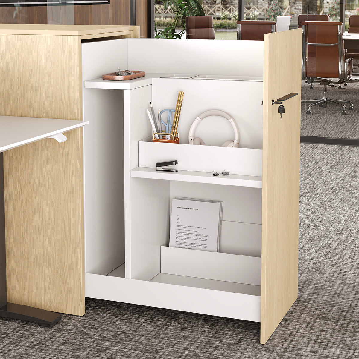 435cm Sit Stand Desk, L-shaped Office Workstation for Two with Partition Boards and Storage Cabinet product view 4