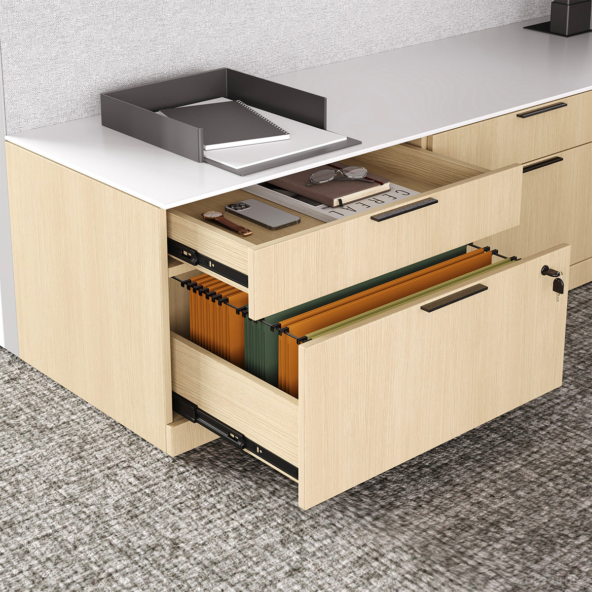 435cm Sit Stand Desk, L-shaped Office Workstation for Two with Partition Boards and Storage Cabinet product view 5