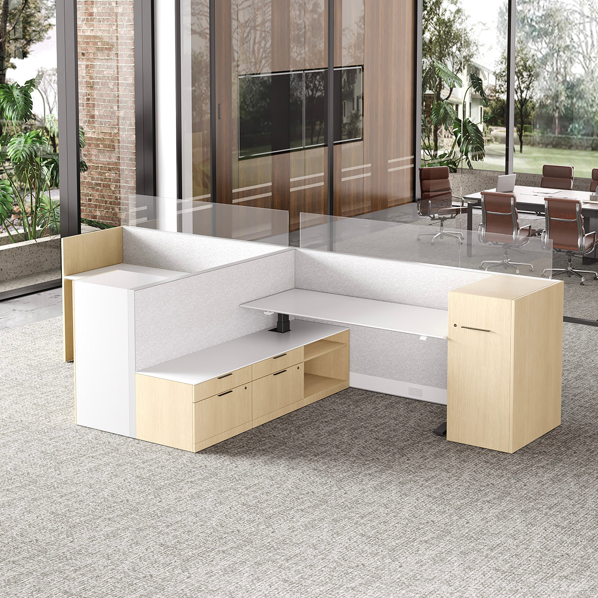 435cm Sit Stand Desk, L-shaped Office Workstation for Two with Partition Boards and Storage Cabinet product view 3