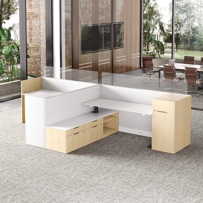 435cm Sit Stand Desk, L-shaped Office Workstation for Two with Partition Boards and Storage Cabinet product view 3