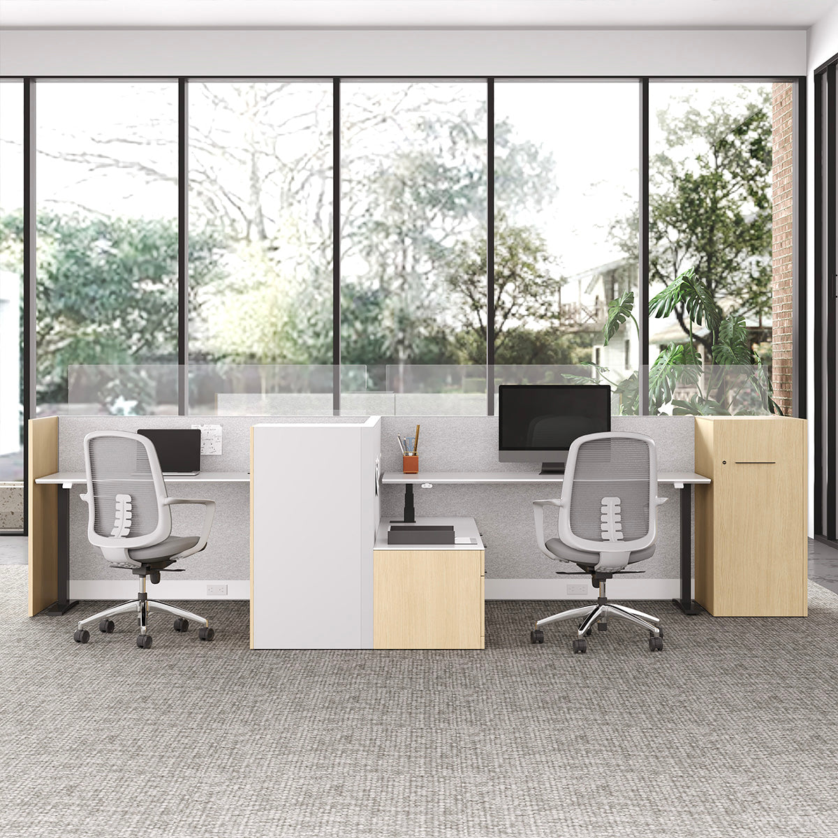 435cm Sit Stand Desk, L-shaped Office Workstation for Two with Partition Boards and Storage Cabinet product view 7