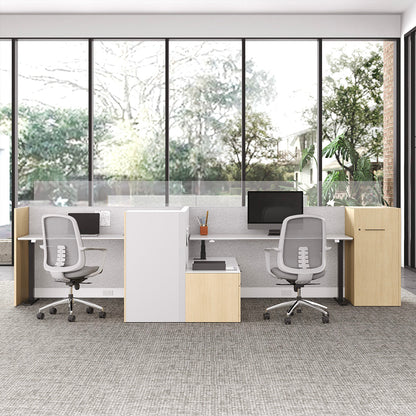 435cm Sit Stand Desk, L-shaped Office Workstation for Two with Partition Boards and Storage Cabinet product view 7