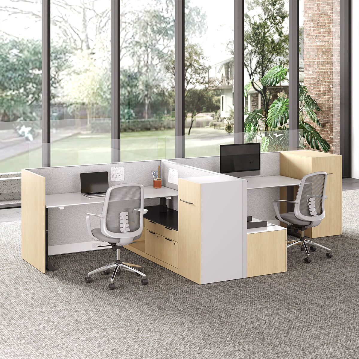 435cm Sit Stand Desk, L-shaped Office Workstation for Two with Partition Boards and Storage Cabinet product view 8